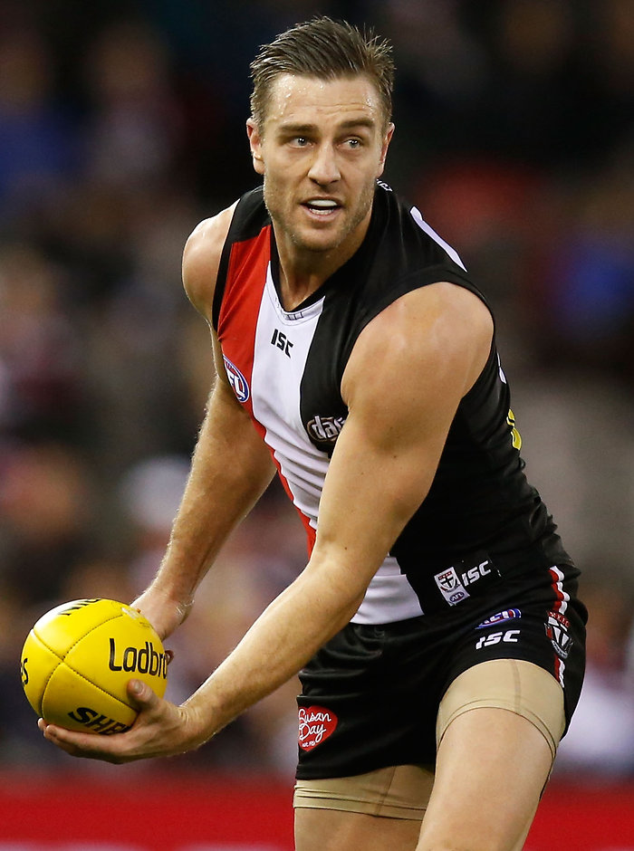 AFL 2015 Rd 22 - St Kilda v Sydney MELBOURNE, AUSTRALIA - AUGUST 30: Sam Fisher of the Saints handpasses the ball during the 2015 AFL round 22 match between the St Kilda Saints and the Sydney Swans at Etihad Stadium, Melbourne, Australia on August 30, 2015. (Photo by Adam Trafford/AFL Media)